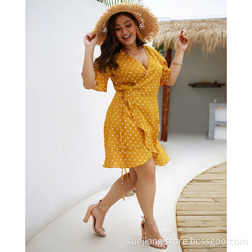 Trumpet Sleeve Casual Plus Size Wrap Ruffles dresses